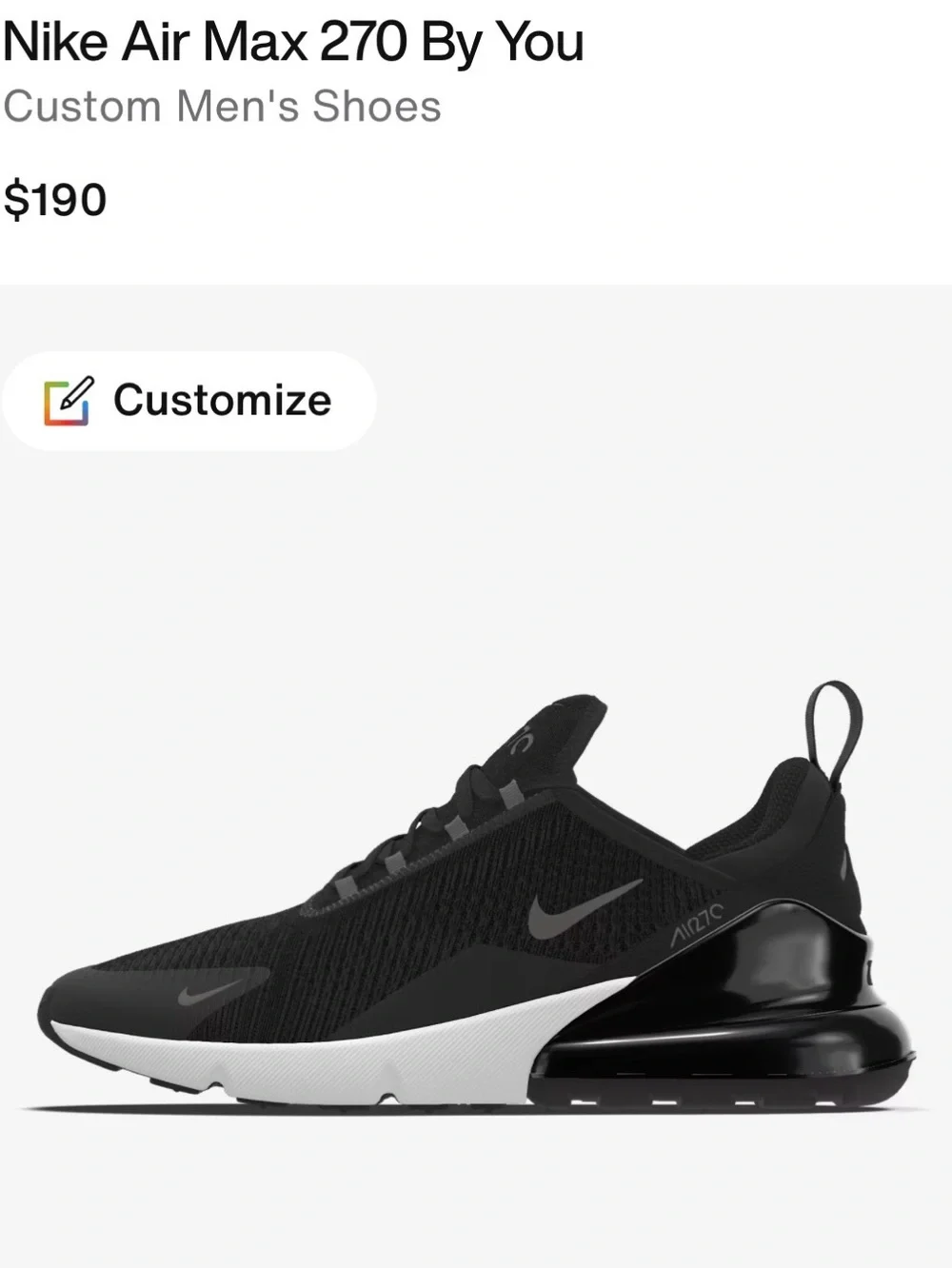 Nike Men's Air Max 270 Black and Gray Athletic Sneakers